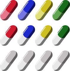 red, blue, green, yellow, white tablets, capsules, illustration, icon