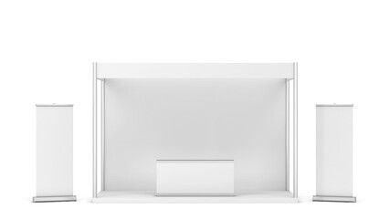 Blank tradeshow booth with counter and rollup banner