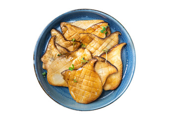 eryngii fried grill slice Oyster mushroom King mushrooms Eringi second course copy space food background vegan or vegetarian food 