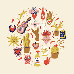 Vector illustration set of mexican culture symbols with traditional objects catholic religion symbolic.