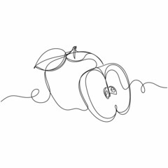 Vector continuous one single line drawing icon of fresh apple with leaves in silhouette on a white background. Linear stylized.