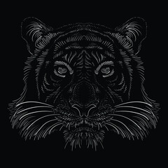 The Vector logo lion or tiger for tattoo or T-shirt design or outwear.  Hunting style big cat print on black background. This hand drawing is for black fabric or canvas.