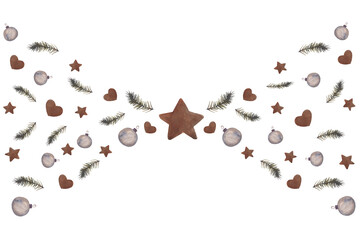 
Watercolor illustration, Christmas banner, silver tones, consists of Christmas tree toys, stars, pine branches, decor, winter design
