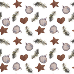 Watercolor seamless pattern Christmas,silver candlestick, candle and Christmas tree toy,star, pine branch, winter design