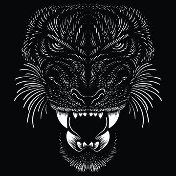 The Vector logo lion or tiger for tattoo or T-shirt design or outwear.  Hunting style big cat print on black background. This hand drawing is for black fabric or canvas.