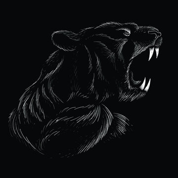 The Vector logo lion or tiger for tattoo or T-shirt design or outwear.  Hunting style big cat print on black background. This hand drawing is for black fabric or canvas.