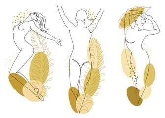 Collection. Silhouettes of the figure of a girl and a leaf of a plant in a modern one-line style. Solid line, aesthetic outline for home decor, posters, stickers, logo. Vector illustration set.