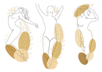 Collection. Silhouettes of the figure of a girl and a leaf of a plant in a modern one-line style. Solid line, aesthetic outline for home decor, posters, stickers, logo. Vector illustration set.