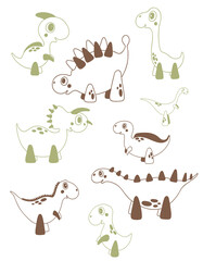Vector Dino set. Collection of Isolated illustrations. Cute cartoon contour dinosaurs. Nice children characters for icon, stickers, kids decor, fabric, textile 