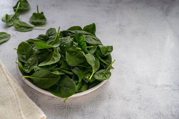 Fresh spinach leaves in a bowl on gray background. Healthy food ingredient