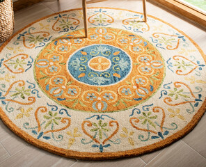 Modern multicolour rounded living area floor rug, interior room floor carpet texture design.