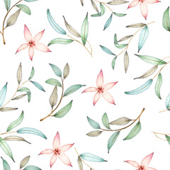 Soft Peach Flowers and Leaves on White Watercolor Seamless Pattern