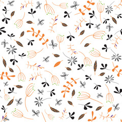 Naklejka premium Seamless beautiful black and orange pattern on a white background. Dynamically located twigs, leaves, inflorescences, blades of grass. Square vector illustration. Used for packaging. Eps 10.