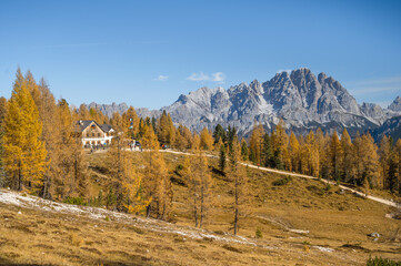 Autumn mountain landscape with Lake Federa in the Dolomites, Italy