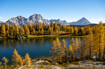 Autumn mountain landscape with Lake Federa in the Dolomites, Italy