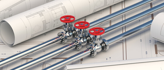 Industry pipelines and valves on construction design drawings background. 3d illustration