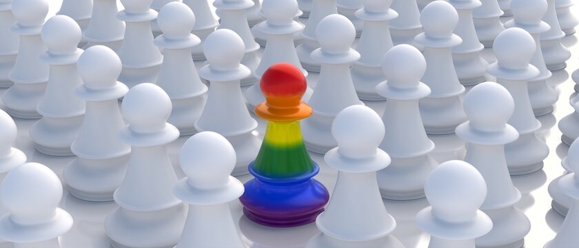 LGBT Gay Pride. Rainbow colors Chess pawn and white pieces, inclusion concept. 3d illustration