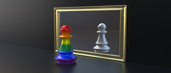 Rainbow colors chess pawn, white pawn on mirror, black background. Sexual orientation freedom. 3d illustration - obrazy, fototapety, plakaty