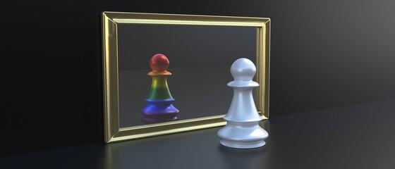 Rainbow colors chess pawn, mirror image of a white pawn. Sexual orientation freedom. 3d illustration - obrazy, fototapety, plakaty