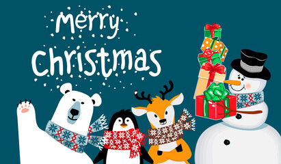 Merry Christmass banner with animals and snowman with gifts.Winter holiday background with bear, penguin and deer drawn in flat cartoon style.Vector illustration with hand written greeting text.
