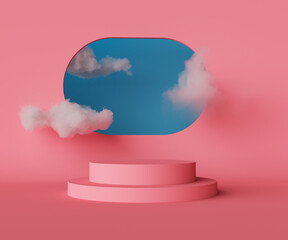 3d render, abstract background with blue sky inside the window on the pink wall. White clouds fly inside the room with vacant podium. Blank showcase mockup with empty round stage