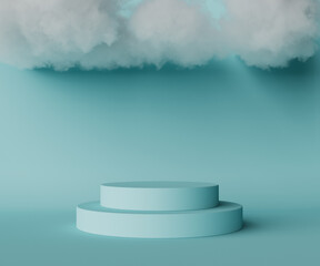 Pastel blue podium with cloud on pastel colors background. 3d rendering