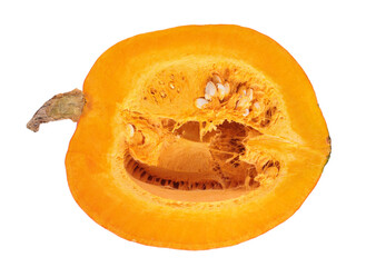 Orange ripe fresh pumpkin cut in half inside longitudinal section isolated on white background