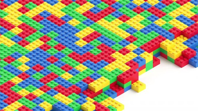 Colorful toy bricks completely filling white background and disappearing. Seamless loop. 3d rendering