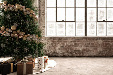 Decorated Christmas tree background whit gift boxes. 3d render