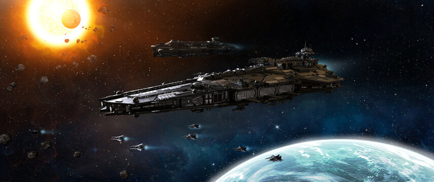 space ship fleet 3D illustration