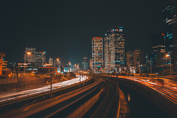Long exposure shot in night city of Tel-Aviv.