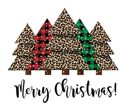 Festive Christmas tree card in pattern at Buffalo Plaid and leopard pattern.