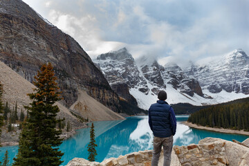 Looking at the mountains of Banff National Park over Moraine Lake