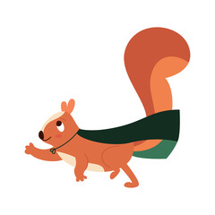 A brave squirrel in a raincoat stands in a superhero pose. Vector flat illustration.