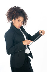 African American female entrepreneur in her jacket suit and white shirt