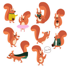 Set of red squirrels in different poses. Vector flat illustration. - obrazy, fototapety, plakaty