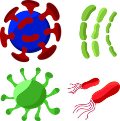 Illustration of different kinds of microorganisms. Bacteria and viruses, streptococci, rod-shaped bacteria.
