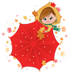 Little smiling girl in a yellow raincoat. The girl on the background of a large open umbrella. Child in autumn clothes on the street. Funny cartoon character