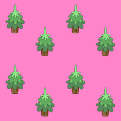 vector image of christmas festive fir tree on pink background seamless pattern