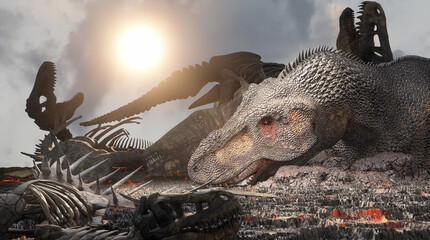 dead dinosaur bodies, dinosaur skeletons after extinction 3d render