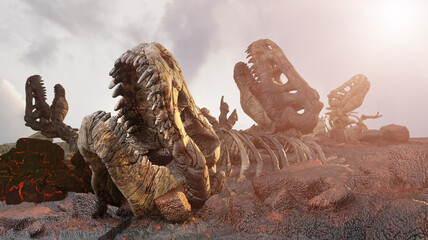 dead dinosaur bodies, dinosaur skeletons after extinction 3d render