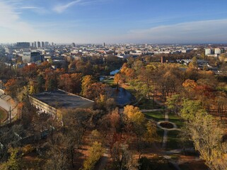 Autumn panorama of the city of Lodz .Autumn  city park. City ponds and water reservoirs Top view, photo from the drone 