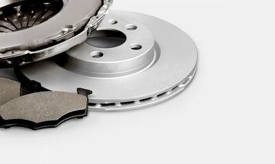 Brake discs and brake pads. Auto parts. Brake disc rotor - obrazy, fototapety, plakaty