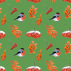 Seamless pattern of leaves and fruits of mountain ash and bullfinch drawn by markers on a green background.  For fabric, sketchbook, wallpaper, wrapping paper.