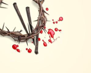 Christian cross made with rusty nails, drops of blood. Jesus Christ Crucifixion.