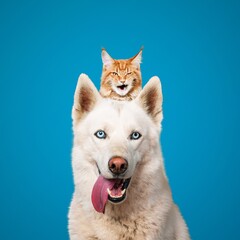 Cute dog portrait with a hiding cat behind in front of a blue background