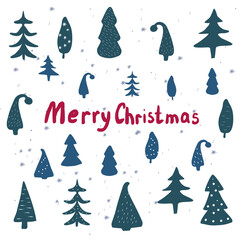 lettering Merry Christmas and holiday elements, forest. Vector illustration