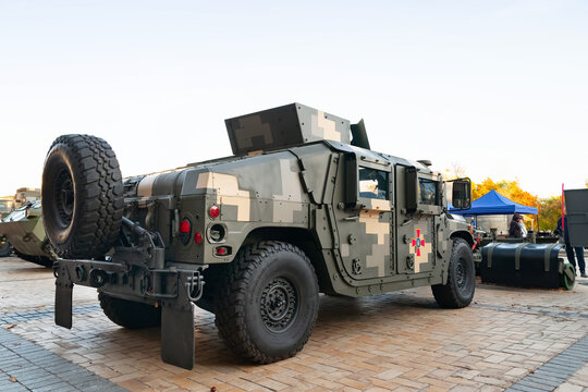 Military car sapper HUMVEE (HUMMER) of the Ukrainian army. Exhibition of military equipment in Kiev. Military technology. Ukraine. Kiev. October 15, 2021