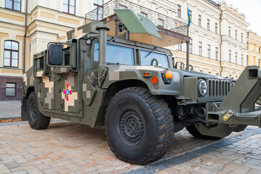 Military vehicle sapper HUMVEE (HUMMER) of the Ukrainian army. Exhibition of military equipment in Kiev. Military technology. Ukraine. Kiev. October 15, 2021