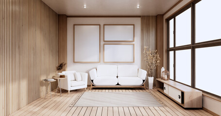 Minimalist - Modern room interior with Cabinet TV and armchair, plants,lamp, decorations.3D rendering